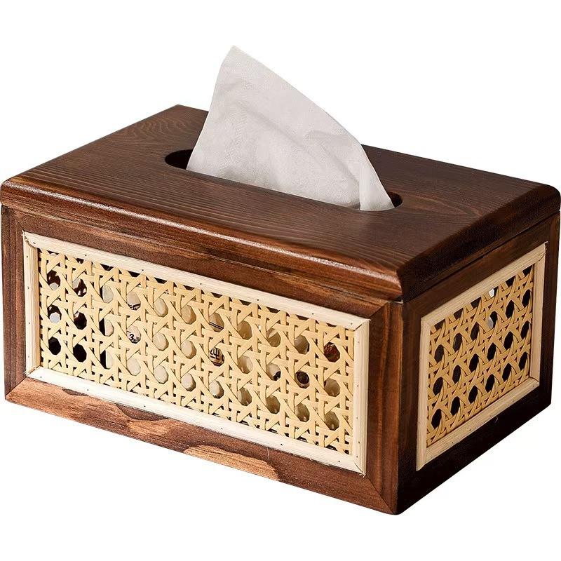 Solid Wood Imitation Rattan Woven Tissue Box, Rattan Woven Carton Home Bedroom Living Room Coffee Table Tissue Storage