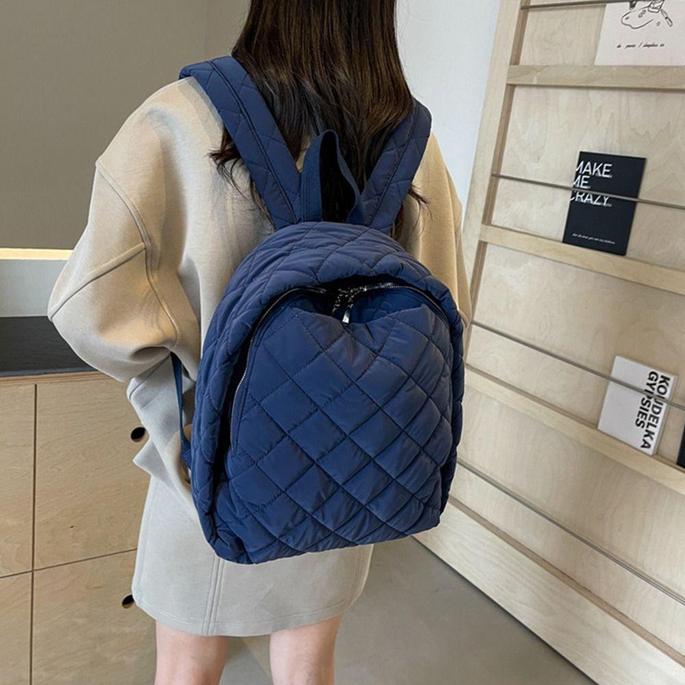 Simple Down Cotton Padded Large Capacity Backpack Lightweight Solid Color Schoolbag Puffy Quilted Shoulder Bags for Students