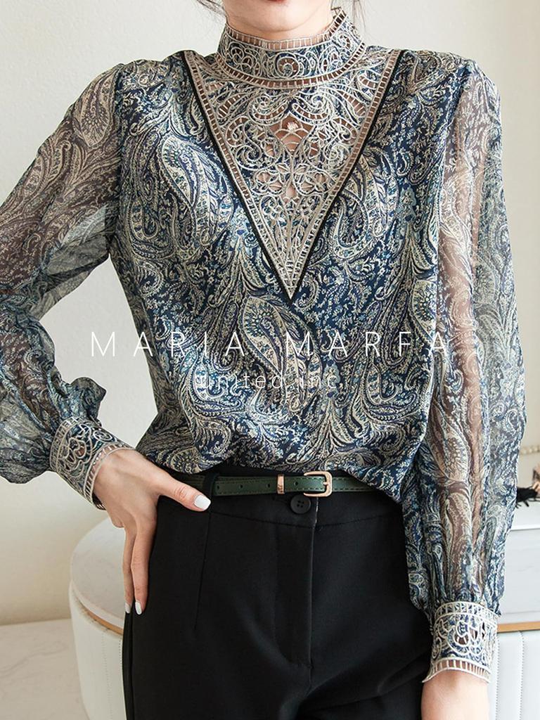 MARIA MARFA Paisley-Bestickte Spitze Hochzeit Büro Schlicht Elegant Floral Formal Gekräuselt Schwarz Größe Damenbluse, Durchsichtig, Frühling/Sommer Oberteil,