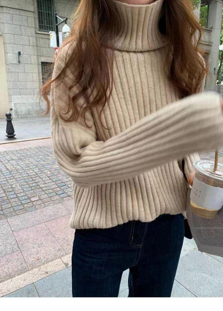 Women's Thick Ribbed Wool Turtleneck Sweater - Loose, Versatile Knit Top