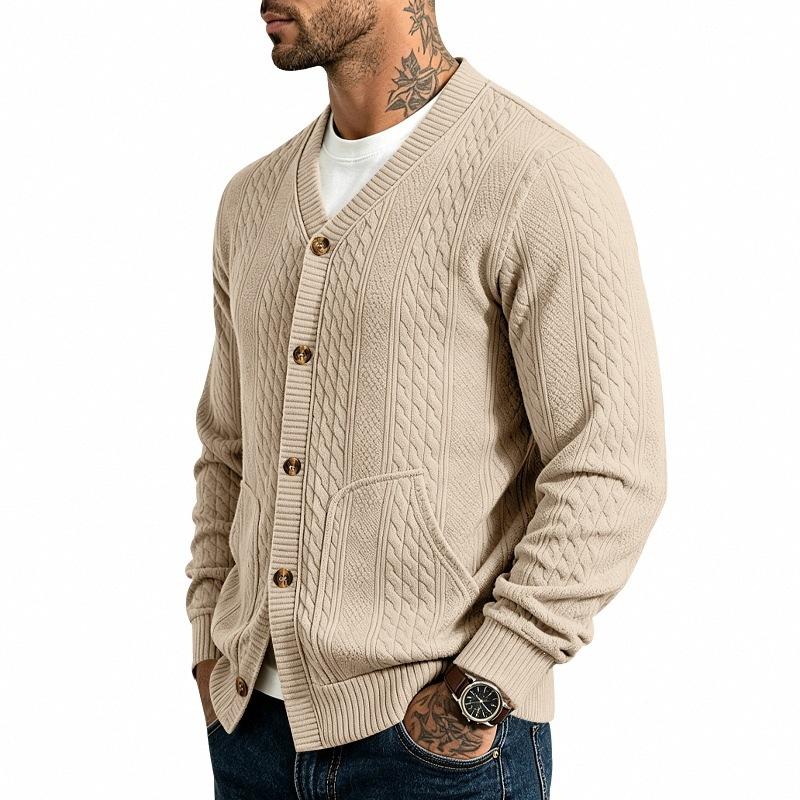 V Neck Long Sleeve Buttoned Jacquard Solid Color Casual Vintage Cardigan Sweatshirt