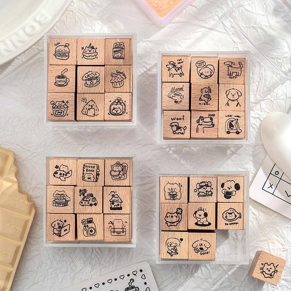 9pcs/set Retro Cartoon Wooden Rubber Stamps Small Cute Small Town Market Rubber Seal Scrapbooking Planner Decoration