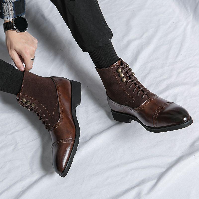 

Men s British-Style Leather Brogue Ankle Boots: Retro Pointed Toe, Business Casual, Fashionable Mid-High Martin Workwear Shoes 38