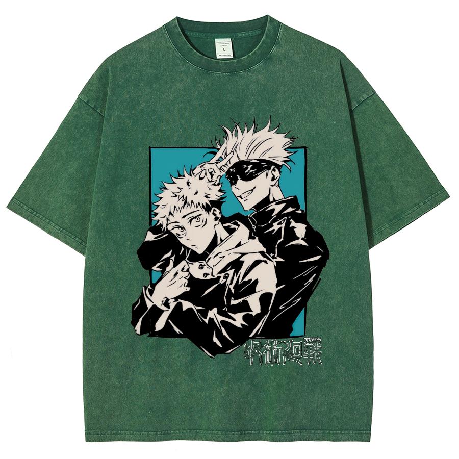 Anime Jujutsu Kaisen Satoru Gojo And Itadori Yuji Print T Shirt Men Women Y2k T-shirts Washed Cotton Tee Harajuku Male Tshirt
