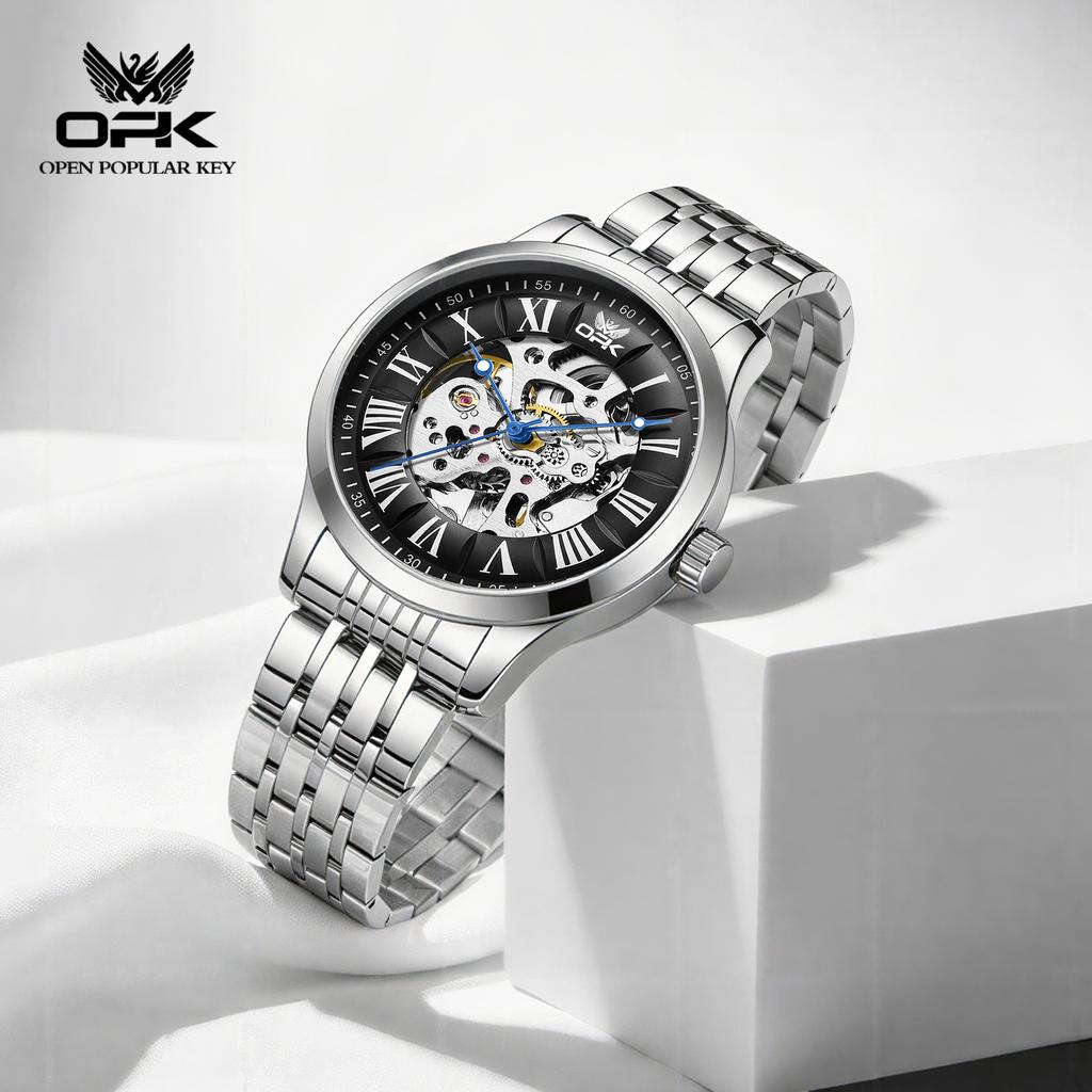 Mens Automatic Mechanical Watch Skeleton Hollow Roman Numeral Dial Waterproof Stainless Steel Business Dress Wrist Watch for Men