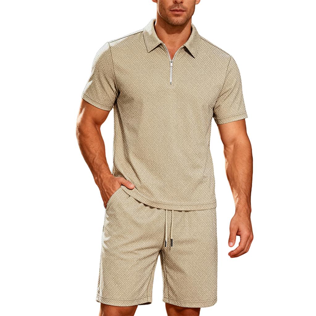 Men'S Color Casual Short Sleeved Pants Two-Piece Fashionable Set