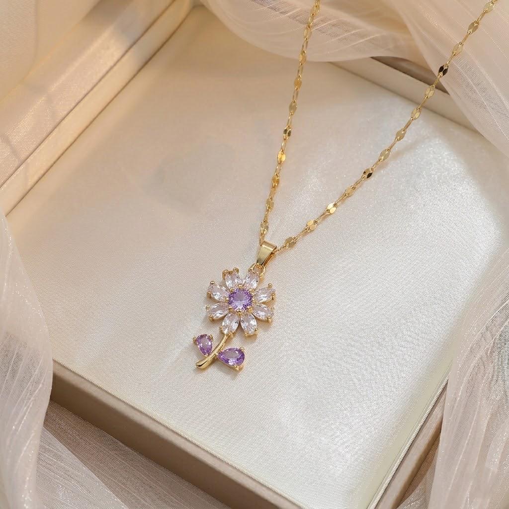 Gold-Plated Sunflower Zirconia Necklace - Elegant European & American Style Clavicle Chain
