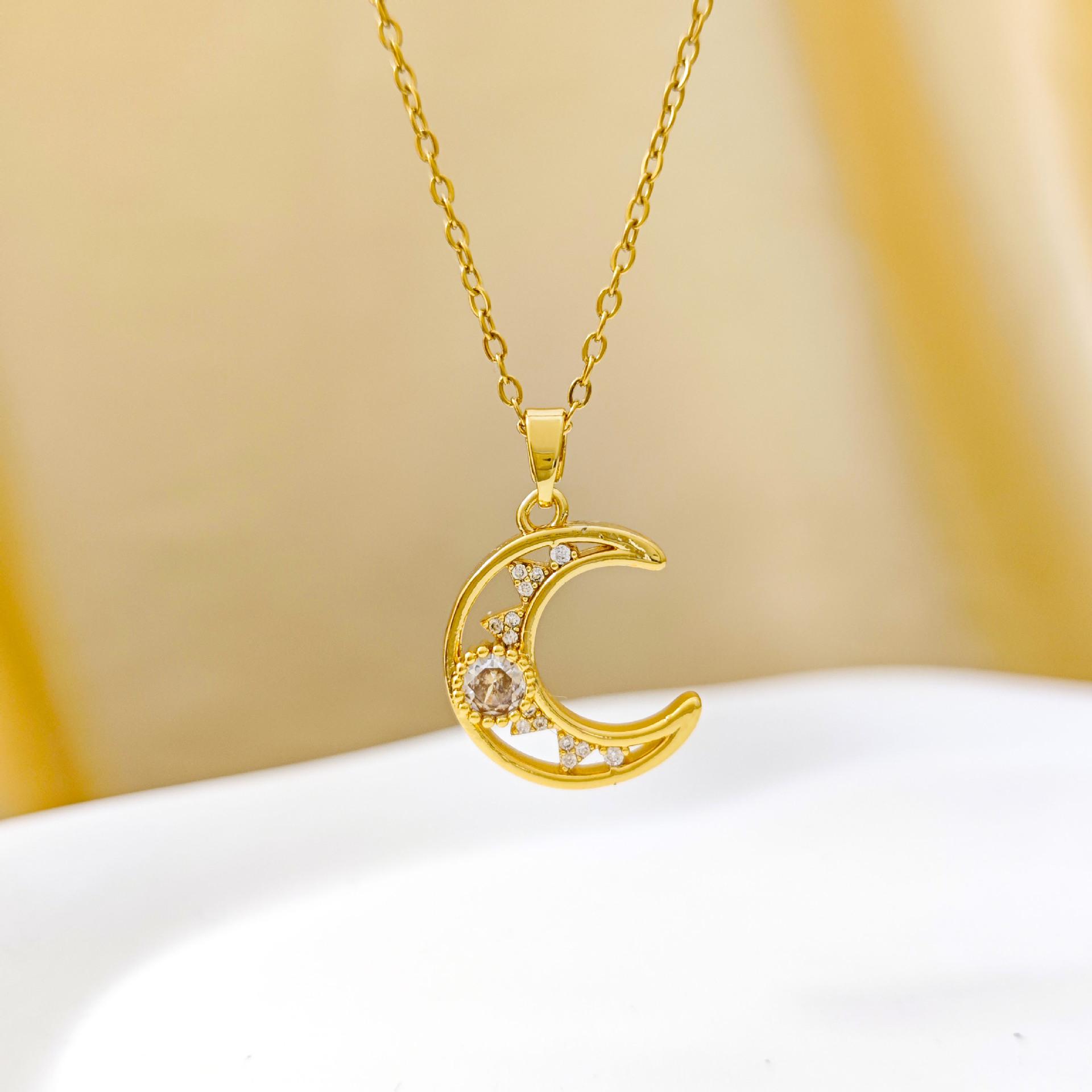 European Star and Moon Rhinestone Pendant Necklace - Women s Fashion Chain