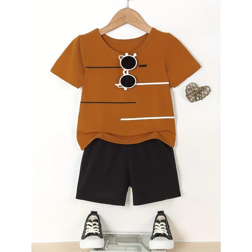 2pcs Boys' Casual Style Summer Outfit Striped Print Round Neck Short Sleeve T-Shirt and Casual Shorts Set, Perfect for Outdoor