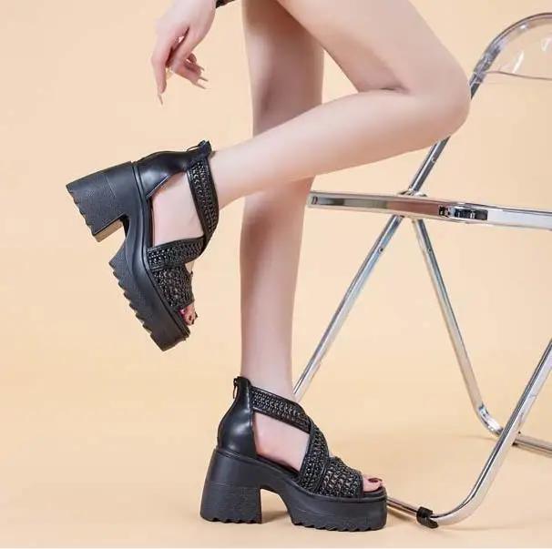 Fashion High Quality 10CM Genuine Leather Peep Toe Shoes Chunky Heels Sandals Pumps Platform Wedge Summer Fashion Ankle Booties Women