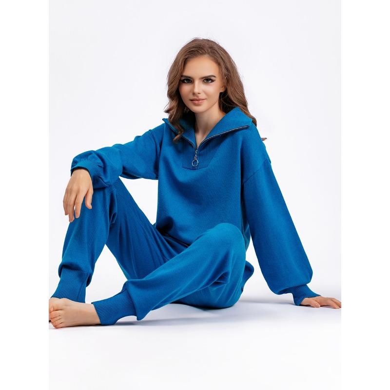 POLO Collar Sweater Suit Women's Autumn and Winter Loose European and American Fashion Casual Knitted Two-piece Suit