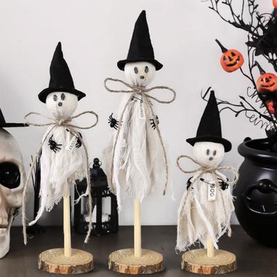 3 szt. Ozdoby Ducha Drewniane Dekoracje Halloween Uroczy Kształt Figurki Ducha z Tkaniny Dekoracja Stołu Artykuły na Imprezę