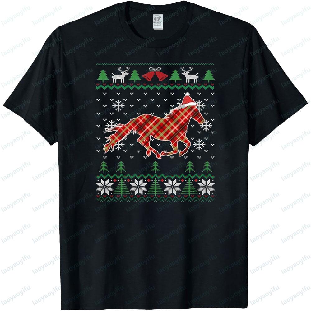 Plaid Horse Riding Creative Grid Design Christmas Tshirt Equestrian Holiday Shirt Horse Lover Unisex Tee Unisex Women Fashion Tops