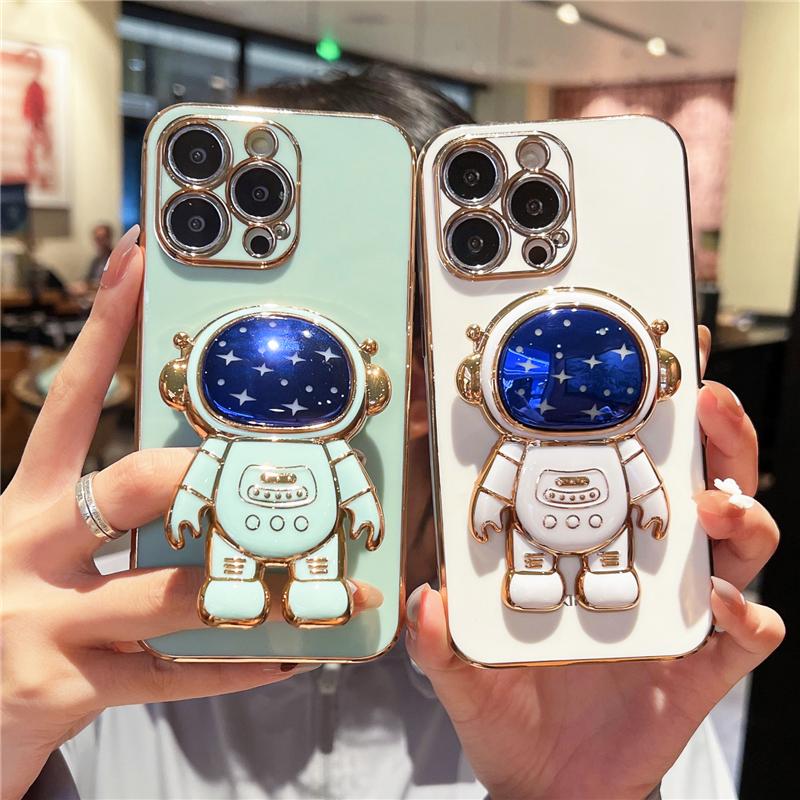 Luksus Blå Belægning Stjerne Astronaut Stand Telefon Cover Til iPhone 15 14 13 Mini 12 11 Pro Max X Xs Xr 7 8 16 Plus Blød Holder Cover