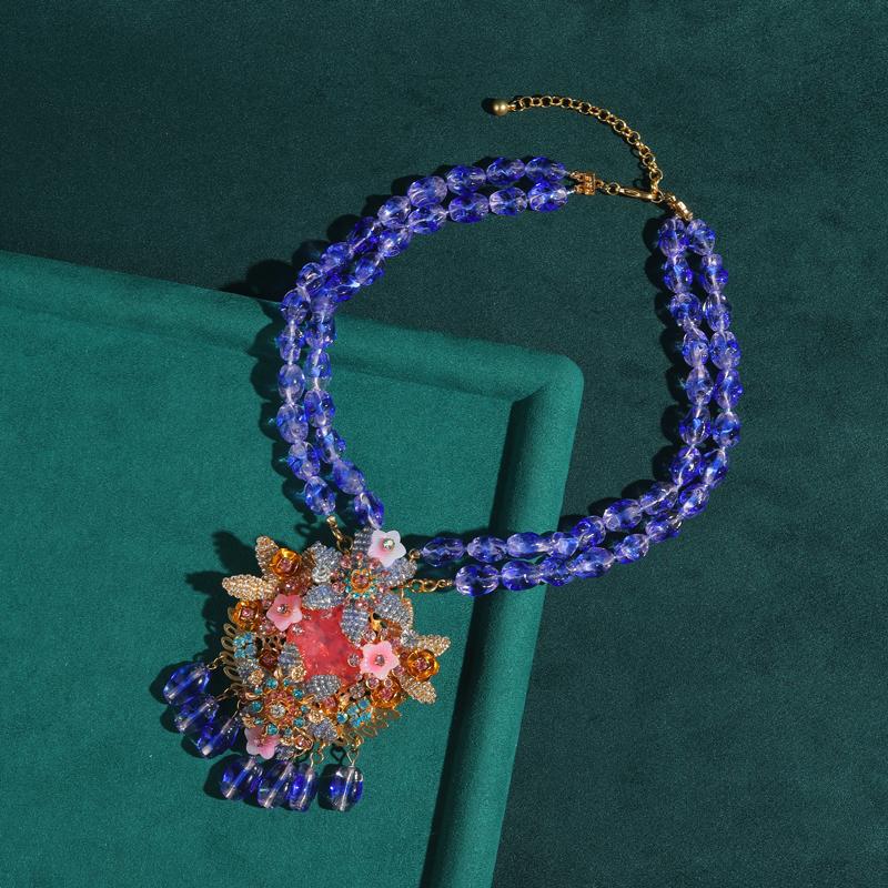 

Large Flower Necklaces Woman Layerd Beads Blue Glass Natural Stone Handmade Beach Accessories Luxury Designer Jewelry 2025 New