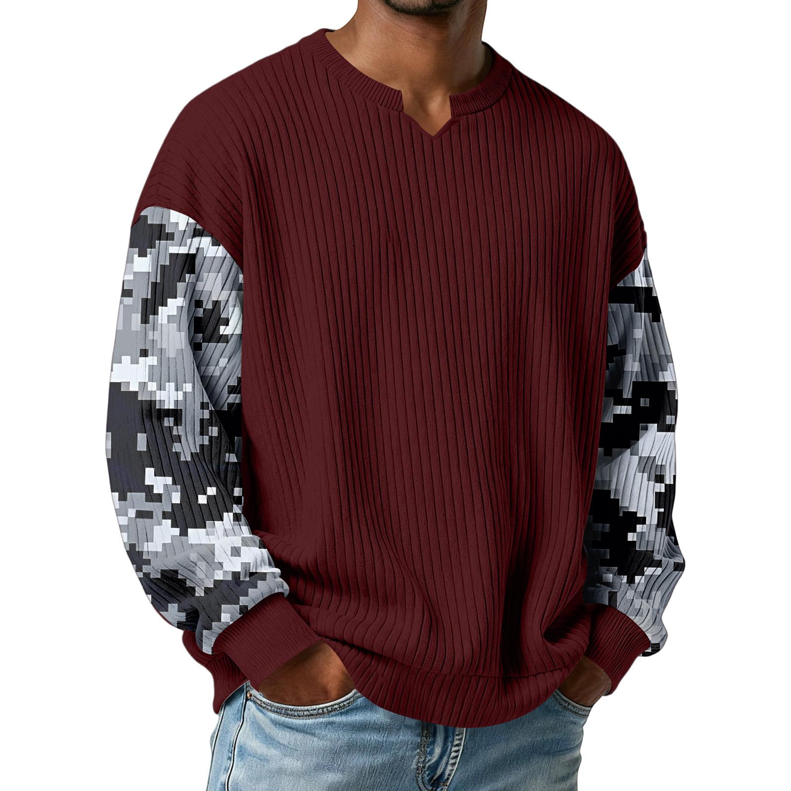 

Men s Camouflage Stylish V-Neck Ribbed Textured Long-Sleeve T-Shirt XL винний