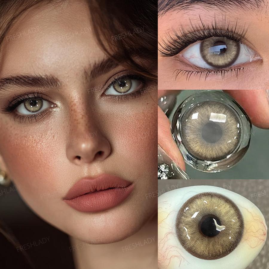 FreshLady 1 Pair 2pc 14.2mm Yearly Disposable Colored Contact Lenses, 40% Water, Brown/Green/Blue/Gray, Soft & Breathable for Daily Wear