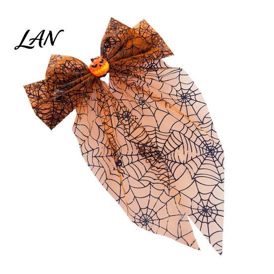 Lightweight Hair Clip Halloween Spider Web Bow Clip, Pumpkin Eyeball Tulle with Long Tails, Women Accessories for Holiday Party