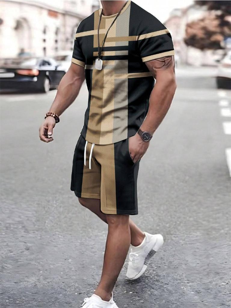 Men's Summer Two-piece Set 3d Print Patchwork Color Street T-shirt Casual Outdoor Sports Short-sleeved Rope Shorts Men's Clothing