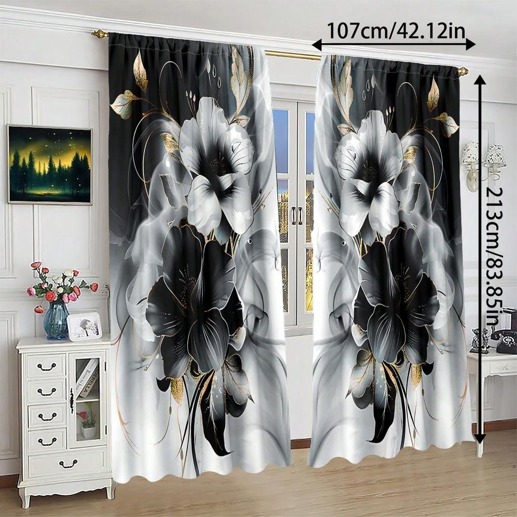 Set Of 2 Polyester Material Floral Watercolor Print Semi Curtains Golden Trim Suitable Bedroom Living Room Office Curtain With Light Filtering Perfect
