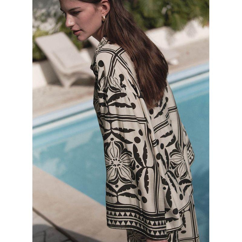 Viscose Blended Lapel Long Sleeves Loose Shirt 1283653 High Waist Drawstring Loose Pants 1283662