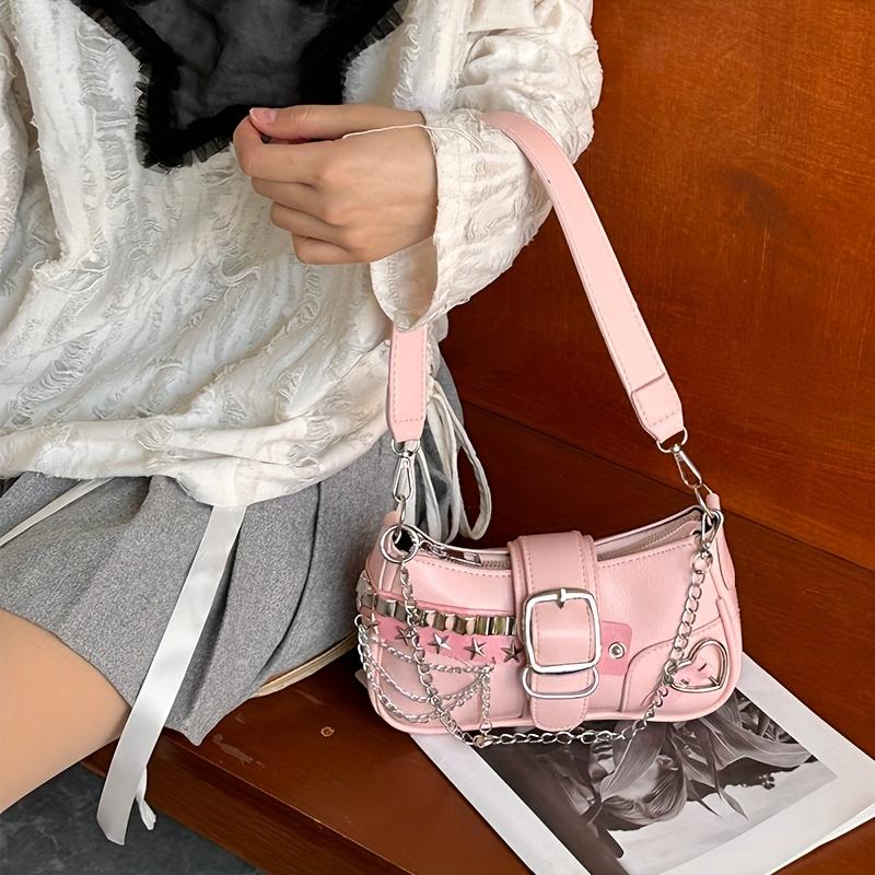 A Stylish Y2K Pink Crossbody Bag with a Chain Pendant - a Sweet and Cool Style Crossbody Bag, Perfect for Both School and Everyday Commuting.