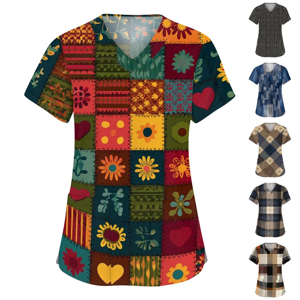 Women's Fashion V-neck Short Sleeve Workwear With Pockets Printed Tops