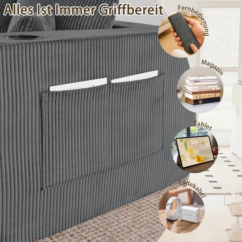 3-Seater Corner Sofa, L-Shaped with Movable Ottomans, Corduroy, Cup Holder, Side Pocket and Cushions, for Living Room, Hotels and Apartments, Gray