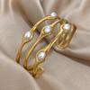 Vintage Layered Gold Plated Pearl Stainless Steel Bracelets for Women Men Bohemia Wide Cuff Open Wrist Party Jewelry Gift