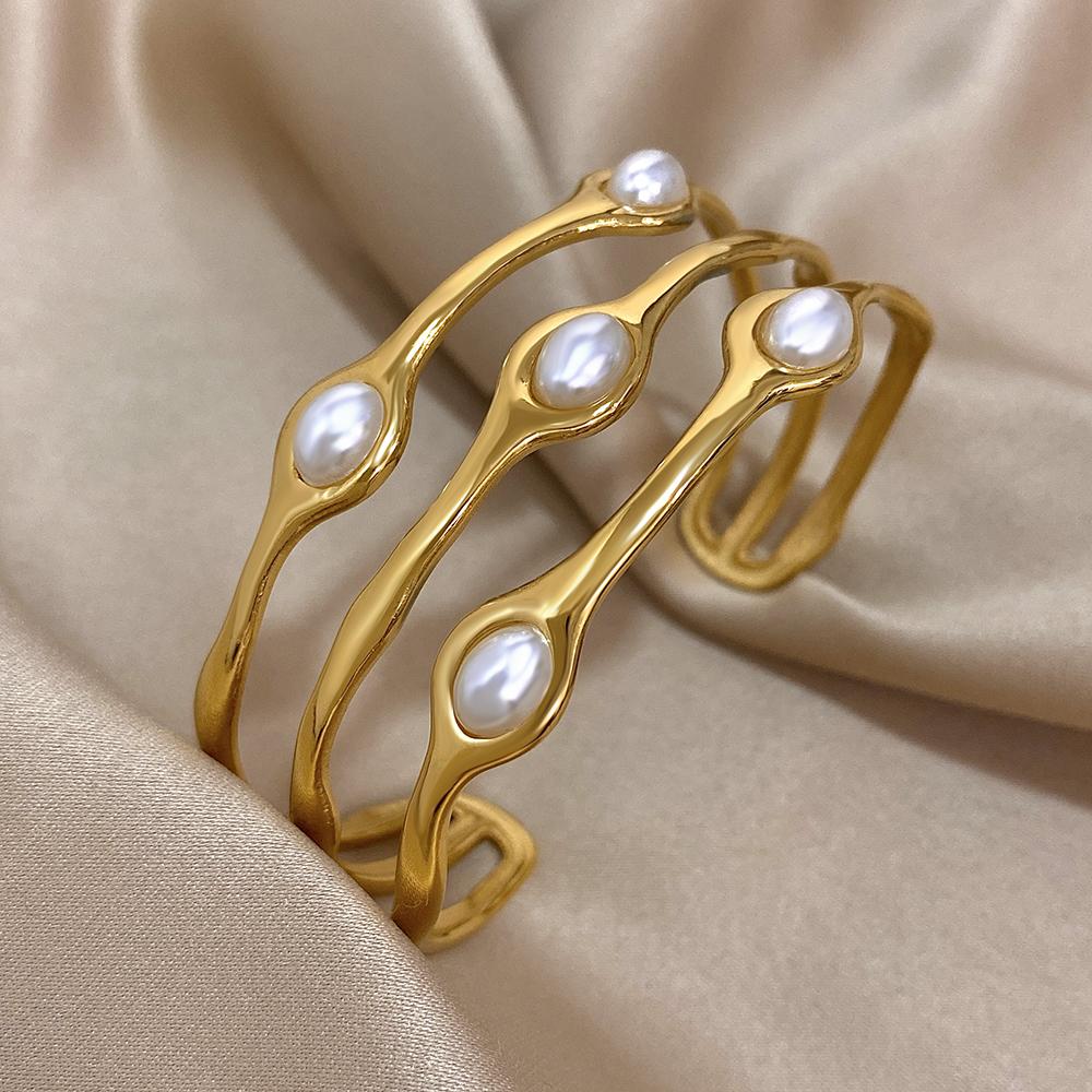 Vintage Layered Gold Plated Pearl Stainless Steel Bracelets for Women Men Bohemia Wide Cuff Open Wrist Party Jewelry Gift