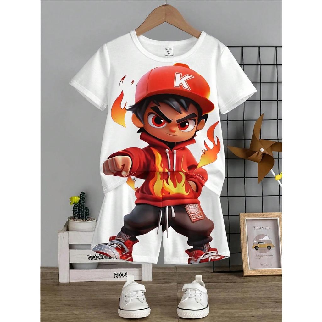 Cool Boy Set 3d Cartoon Print Short Sleeve T-shirt and Shorts for Casual and Comfortable Summer Outing