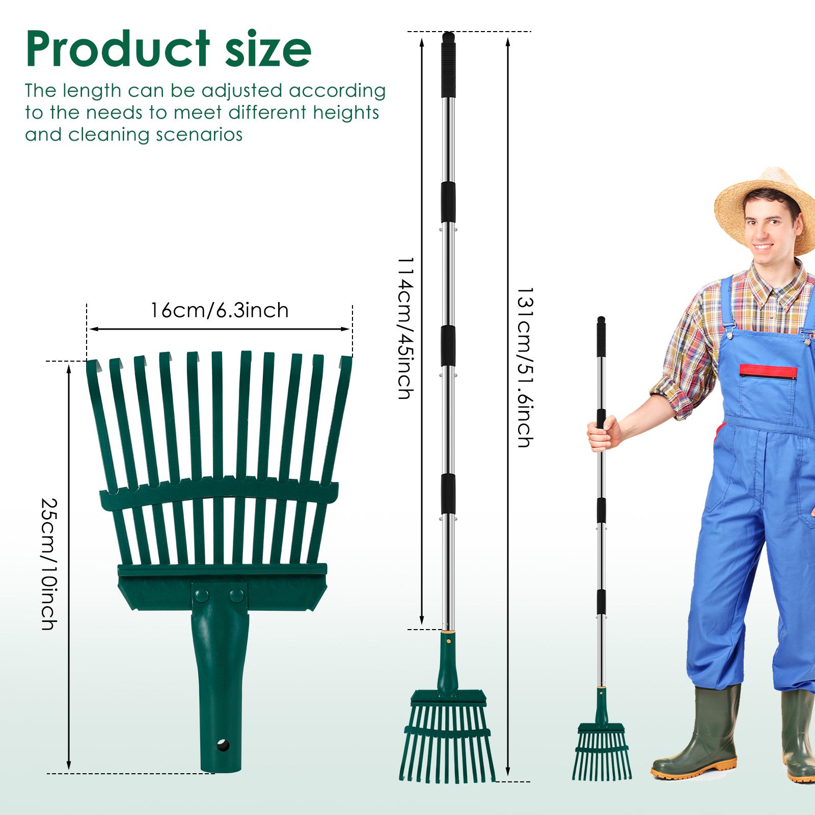 Garden Leaf Rake 51.6 inch Adjustable Long Handle With 11 Prong High Strength Shrub Flower Bed Cleaning Rake for Autumn Garden Green
