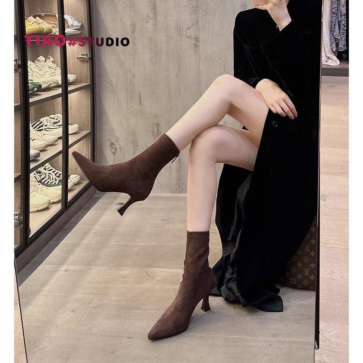 Pointed high heels women's new autumn and winter thin heel suede short boots velvet small elastic thin boots