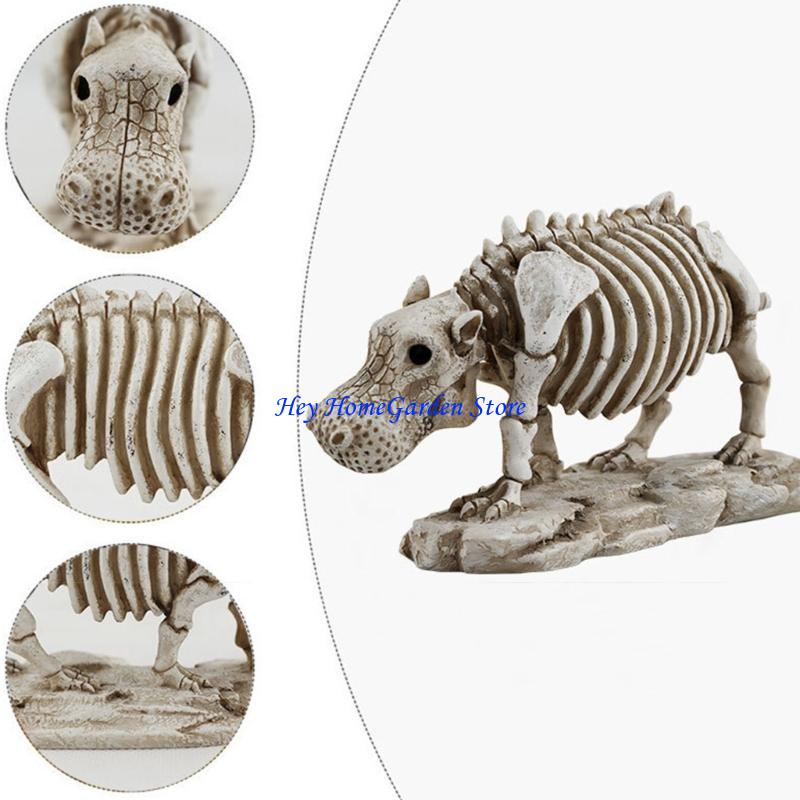 652F Artistic Resin Skeleton Hippo Decors Mystical Felines Skeleton Resin Statue, Artistic Desk Decoration for Creative Space