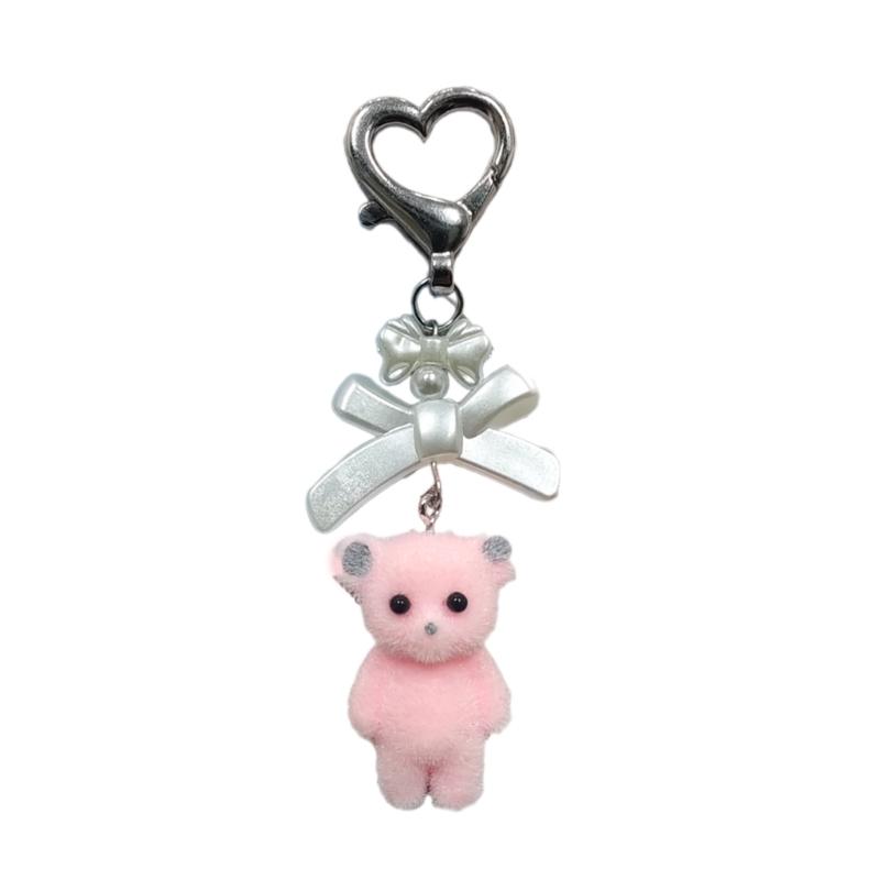 Cute fuzzy kitty cat heart bow keychain Plush Bear kitten doll kawaii bow pearl heart Keyring Backpack Bag Pendant for Women