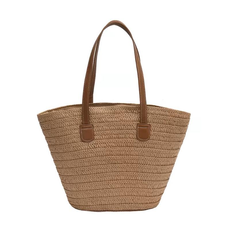 New Solid Color Straw Bag Single Shoulder Machine Nail Knitted Bag Women's Large Capacity Tote Bag Seaside Vacation Beach Bag