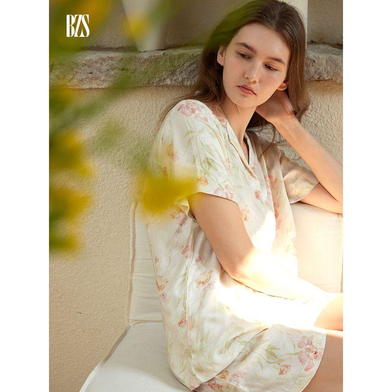 2024 New Arrival Rayon Satin Florals Print Short Sleeve Shorts Pajamas Suit Plaid Casual Suitable for Daily Wear Homewear