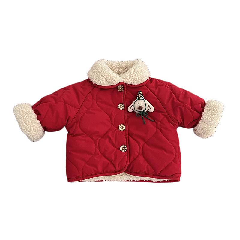 Baby Red Cotton Clothes Winter New Baby Lamb Wool Lapel Warm Cotton-Padded Clothes Festive Clothes