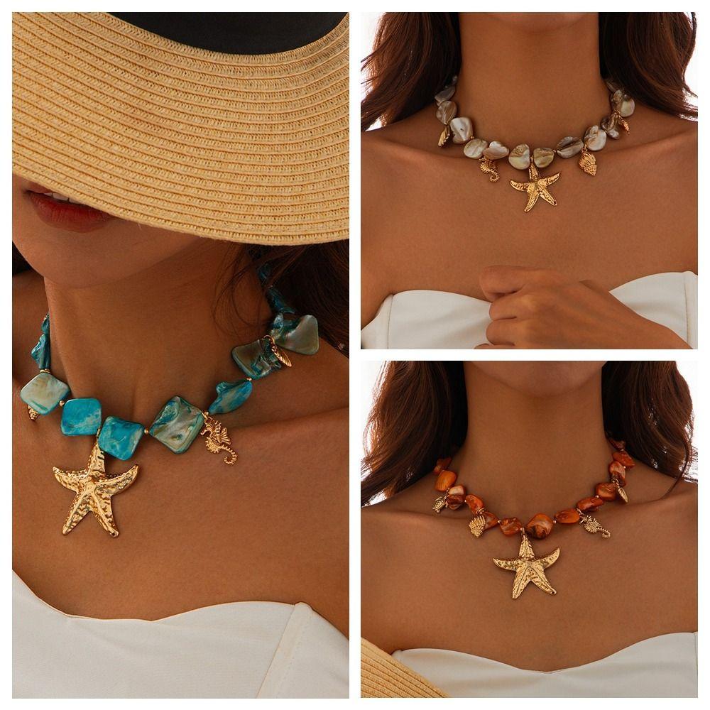Starfish Conch Pendant Irregular Chain Necklace Bohemian Jewelry  Summer Beach Vacation