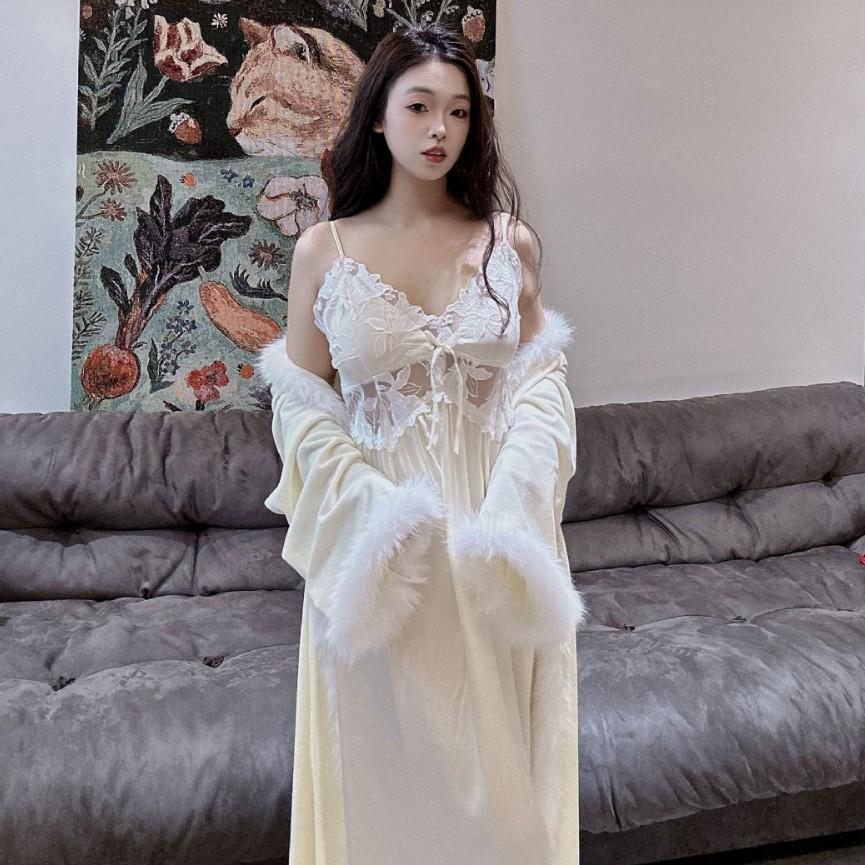 Carat Lover French Fleece-Lined Bathrobe & Camisole Long Dress - Women's Sexy Autumn/Winter Collection