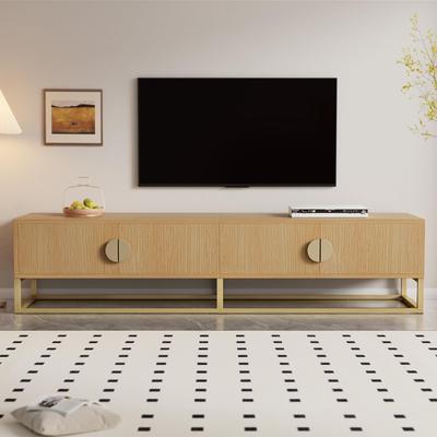 TV-Schrank, Holzmaserung Lowboard mit 4 Türen, halbrunde Griffe, elegantes TV-Board mit großzügiger Stauraum, Eisenbeine