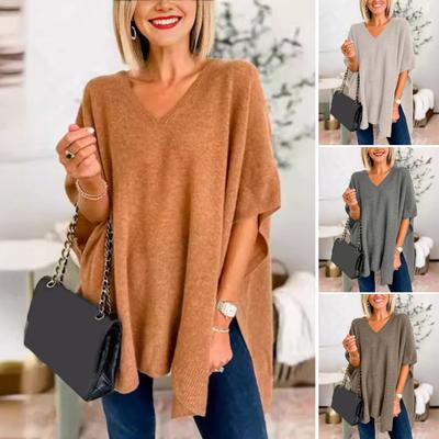 Maglione da Donna Scollo a V Stile Manica a Pipistrello Senza Maniche Vestibilità Ampia Top Casual Tinta Unita Alto