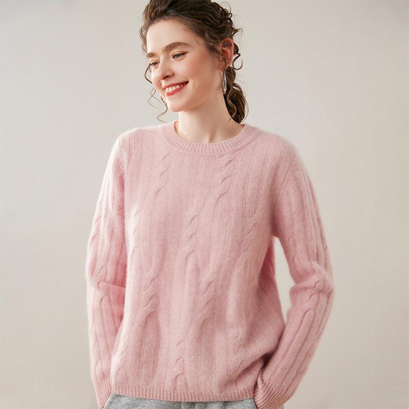 2026 Autumn/Winter Women's Thick Cashmere Round Neck Cable Knit Sweater - Loose, Cozy Style
