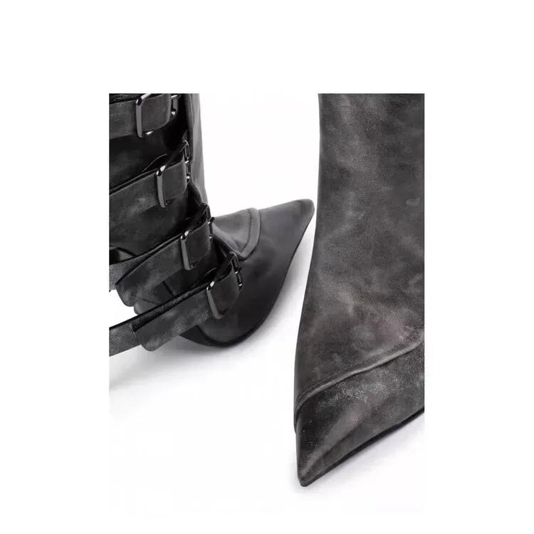 Fashion Brand Black Belt Buckle High Heels Knee High Boots Autumn Winter Women Fashion Pole Dance Pointed Solid Color Knight Boots 34-46