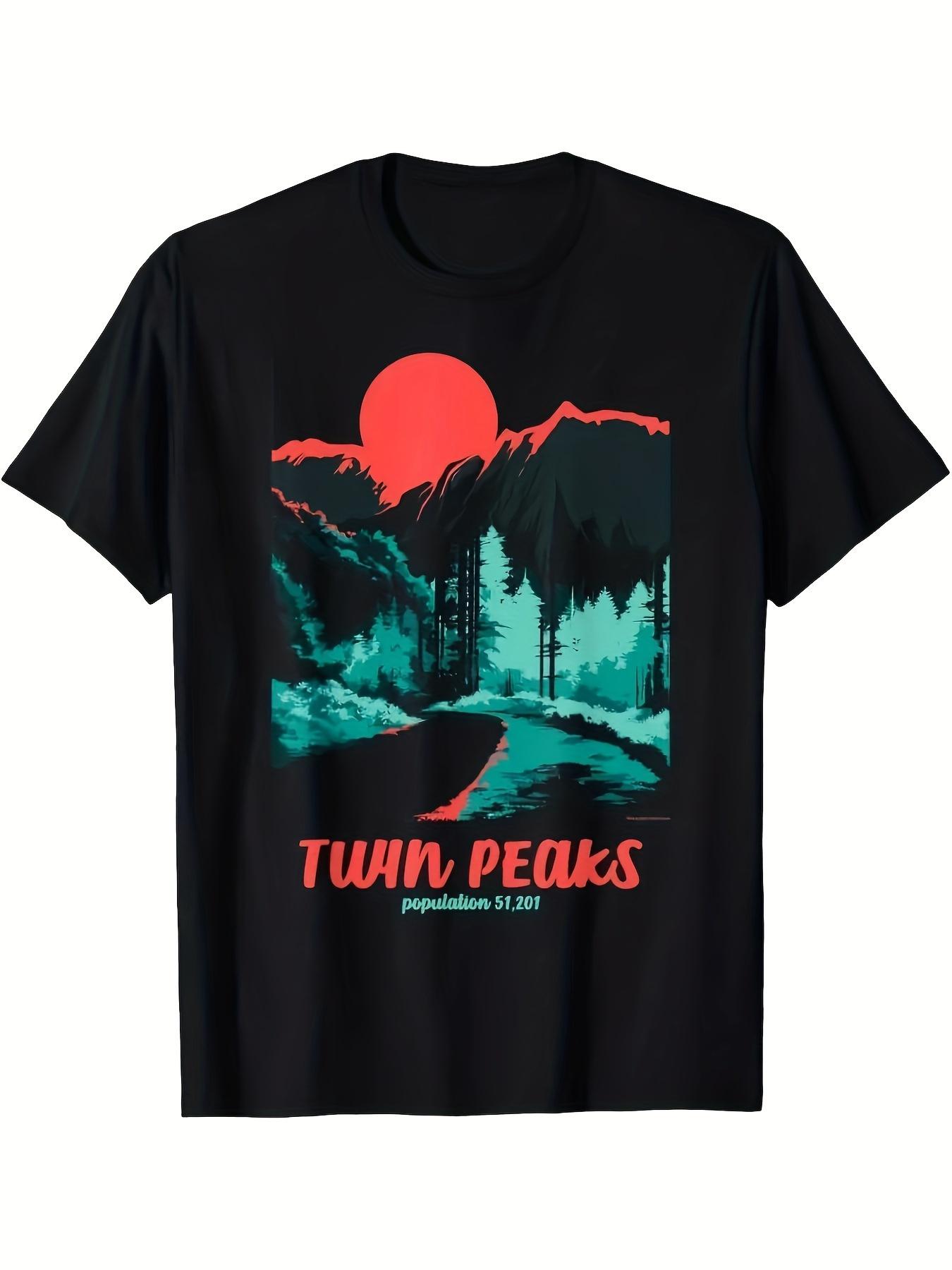 Twin Peaks Graphic T-shirt - Black Cotton Crew Neck Tee with Vibrant Red Sun & Mountain Print XXL