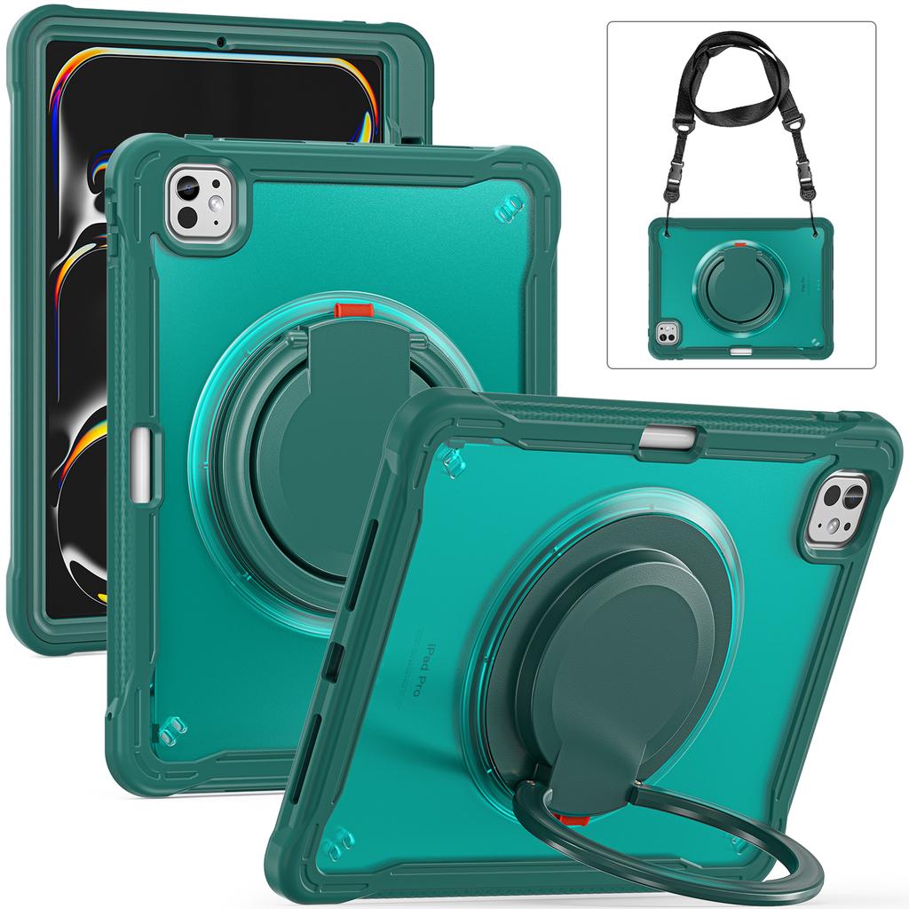 For iPad Pro 11 (2025)/11 (2024) Case Rotary Kickstand PC+TPU+Silicone Cover with Shoulder Strap