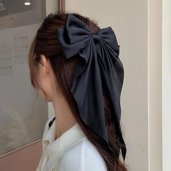 Damen Haarnadel Große Schleife Einfarbig Elegant Doppellagig Lange Haardekoration Pferdeschwanz-Clip Satin Vintage Haarspange Haaraccessoires