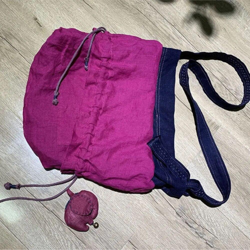 Johnature Two-color Drawstring Buckle Large Literary Handmade Embroidery Thread Cross-shoulder Casual Hand-made Women Buckets
