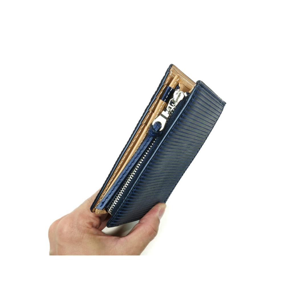 Baggy Port Half Wallet, Indigo-Dyed Leather with Straight Embossed Pattern, Men's and Women's Unisex Bifold Wallet ZYS-296 (Dark Blue)