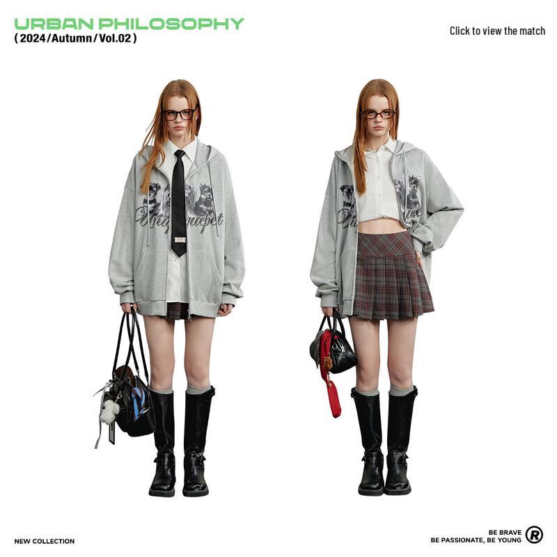 UNIFREE Women's Retro Dog Print Double-Zip Hooded Sweatshirt